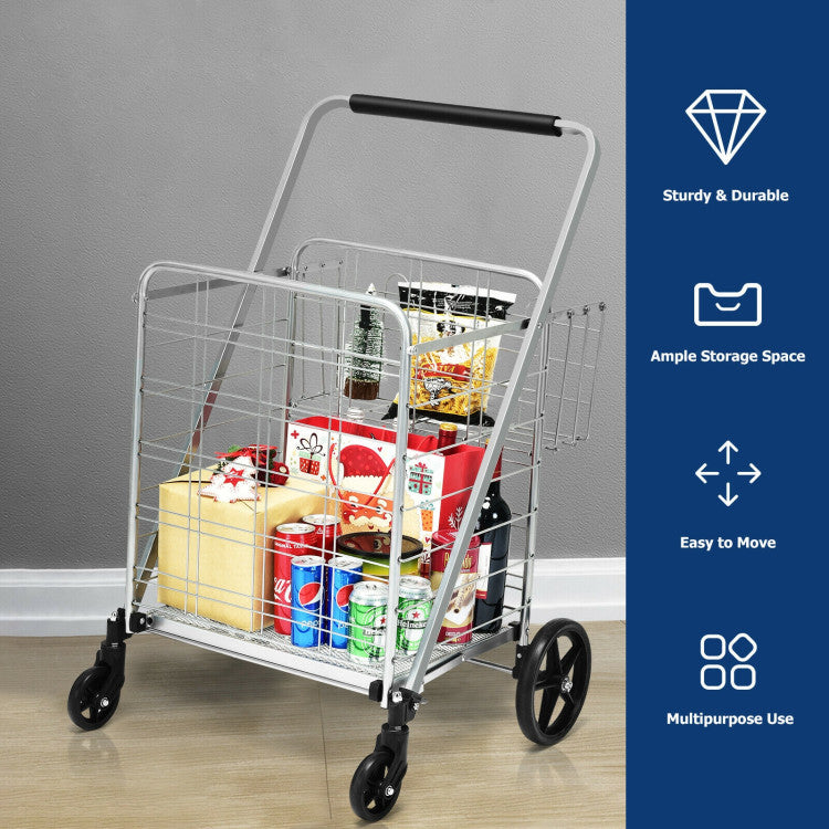 All-Purpose Folding Utility Cart – 2 Baskets + Smooth Rolling Wheels