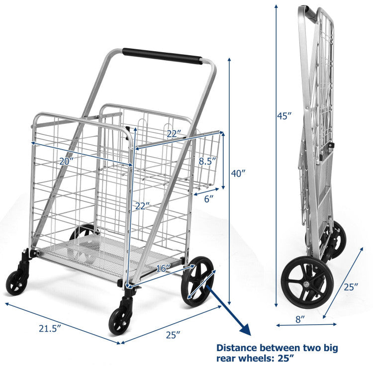 All-Purpose Folding Utility Cart – 2 Baskets + Smooth Rolling Wheels